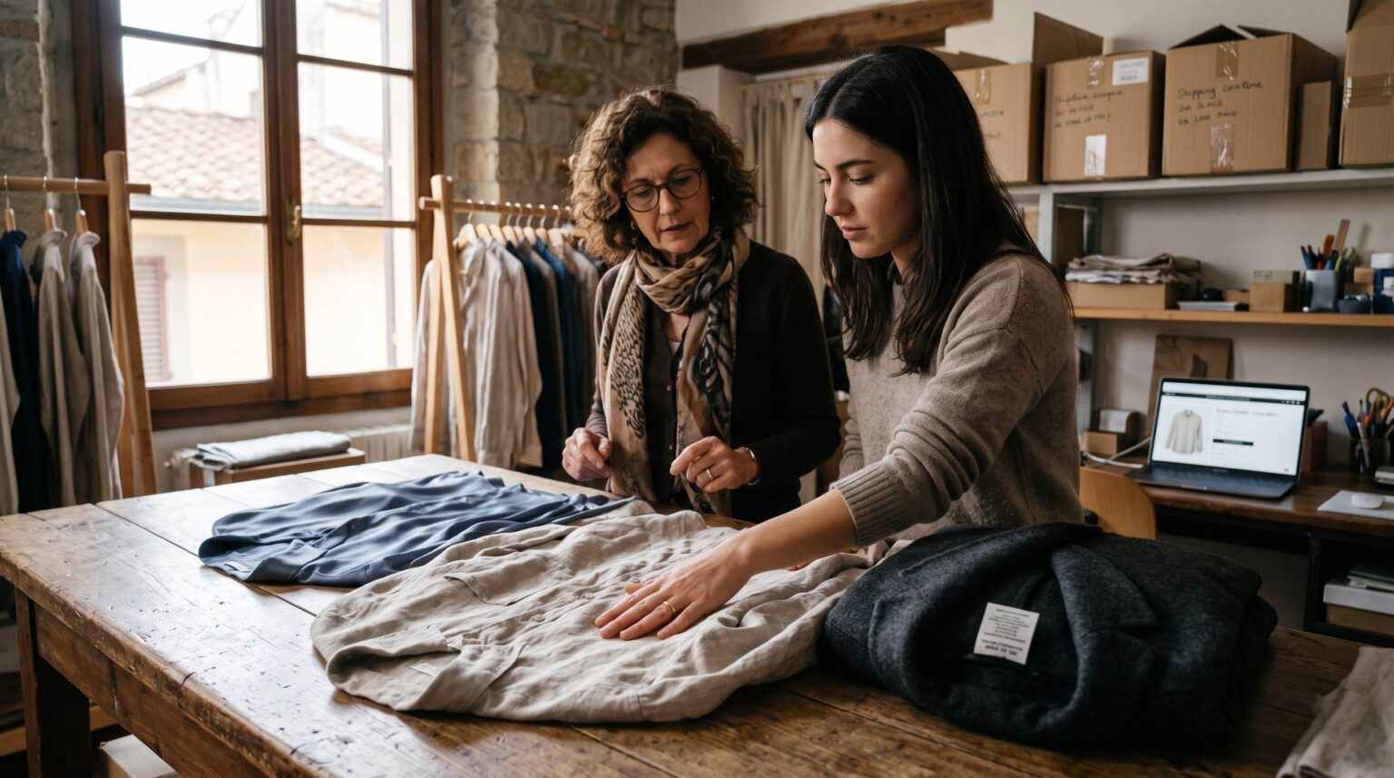 Boutique owner inspecting a linen shirt