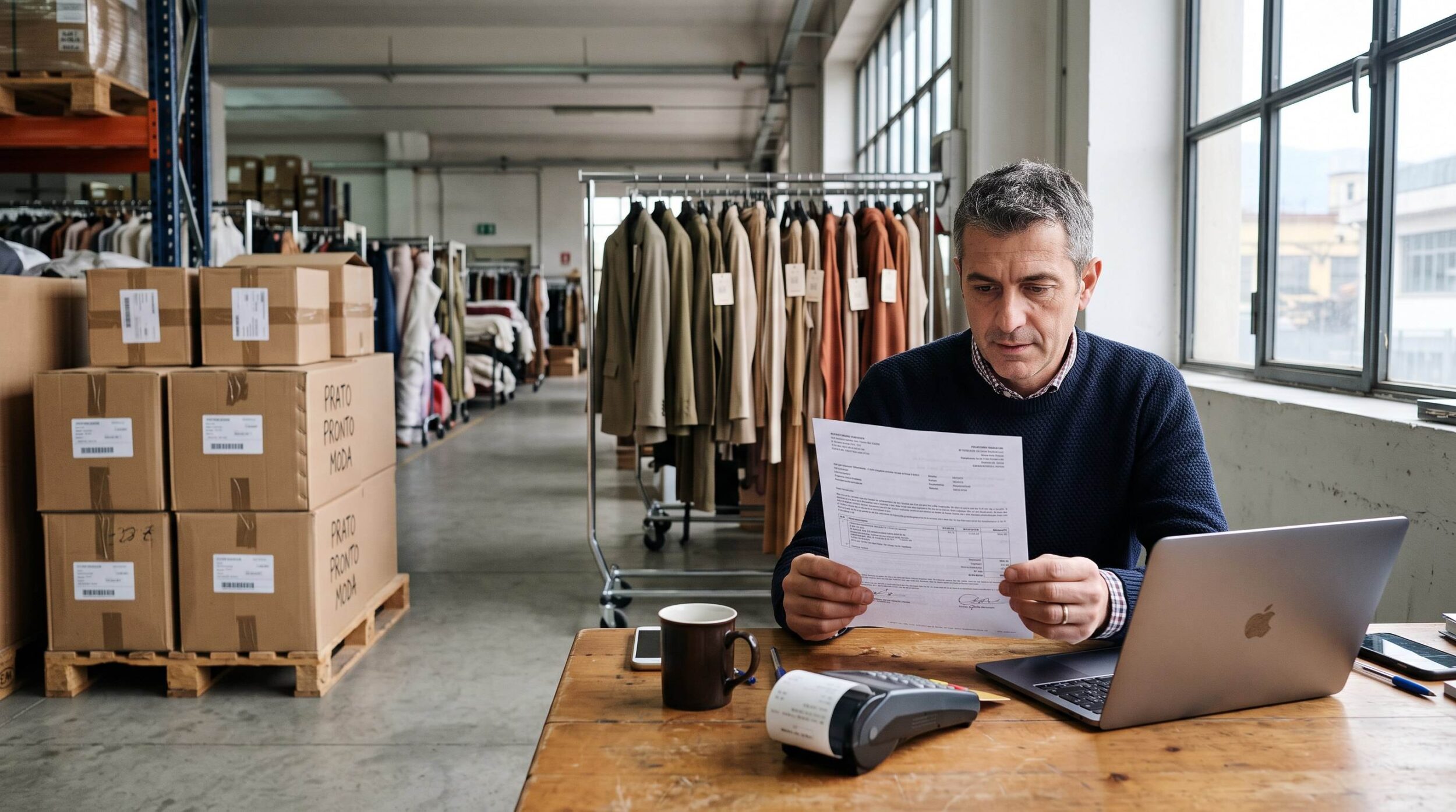 Buying agent reviewing a proforma invoice in a Prato warehouse office