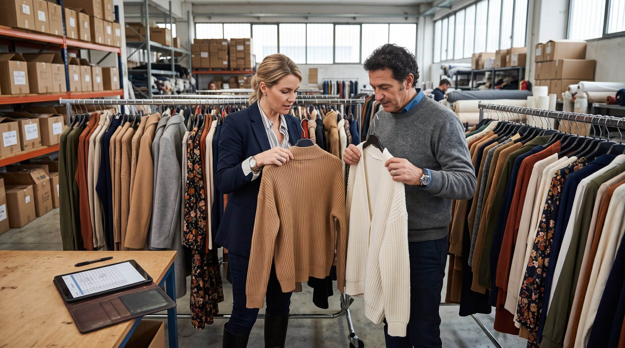 Buyer and sourcing agent comparing knitwear on a packed rail during peak season wholesale buying in a Prato pronto moda warehouse