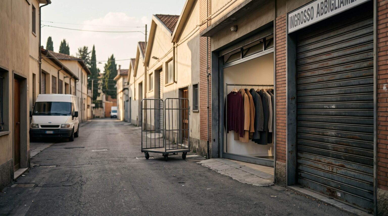 Closed wholesale warehouse shutters in the Prato textile district during the August closure that reshapes wholesale buying schedules for autumn winter orders