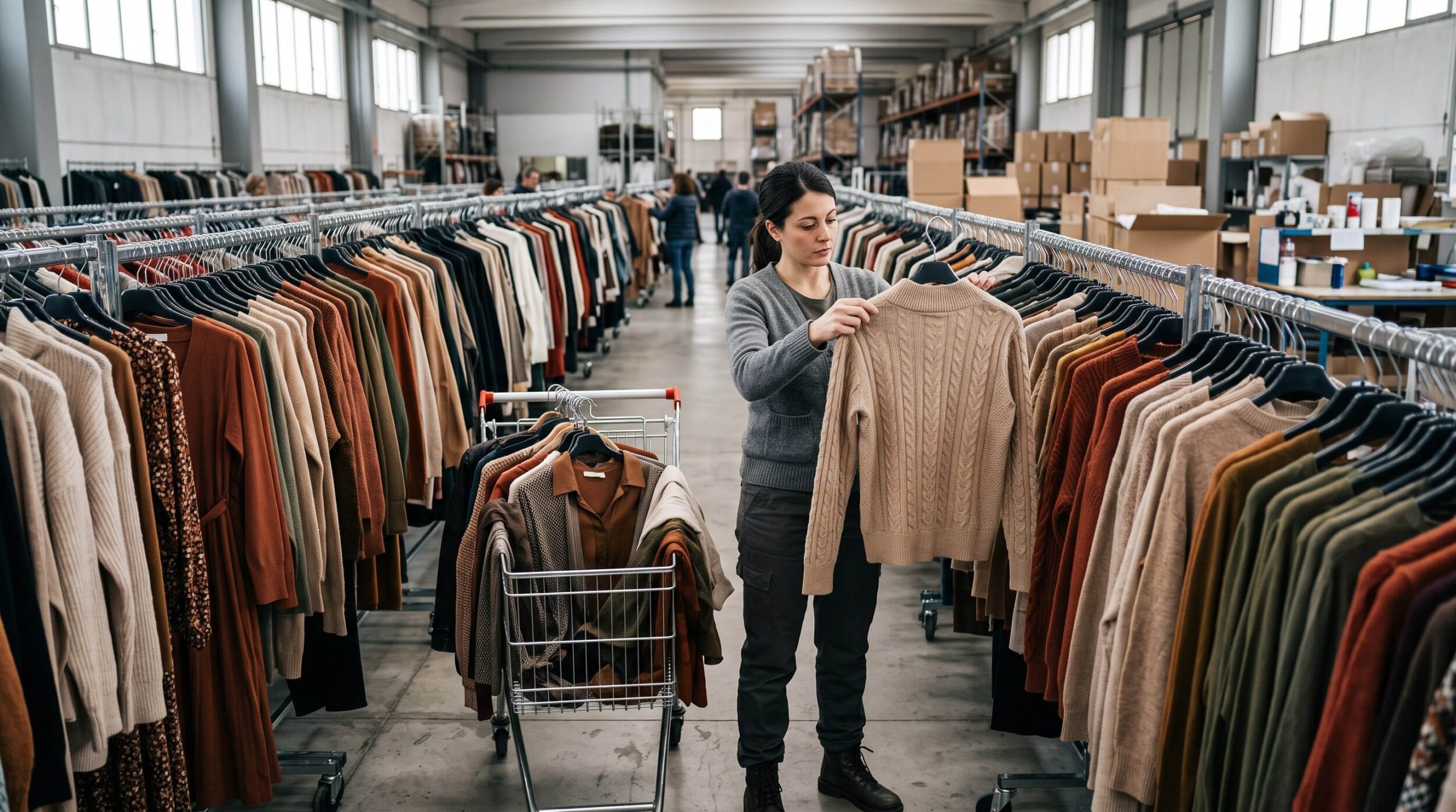 Buyer checking a knitted garment on a steel rack during a Prato wholesale buying day inside an Italian pronto moda warehouse