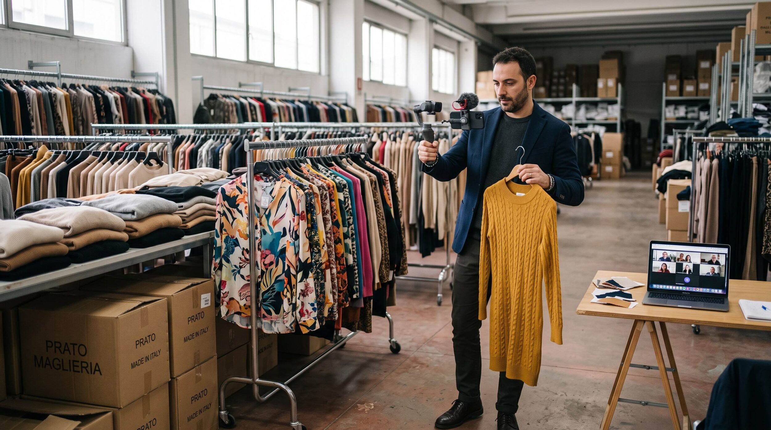Buyer filming a garment on a rail during a remote buying session Italy side inside a Prato pronto moda wholesale warehouse