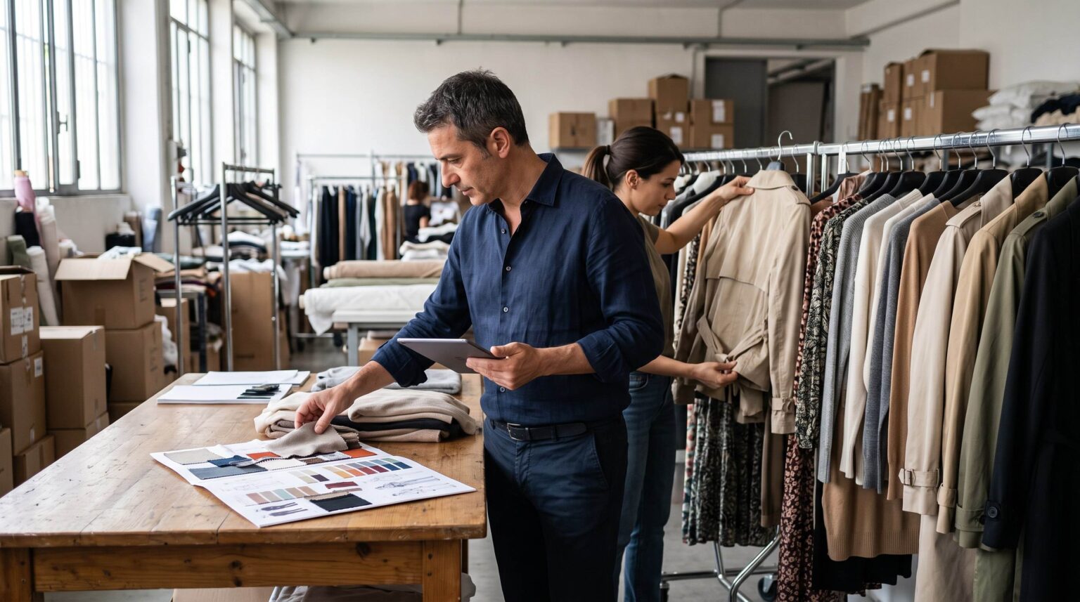 Buyer comparing a sourcing brief moodboard with sample garments on a rail during wholesale buying session preparation in Prato