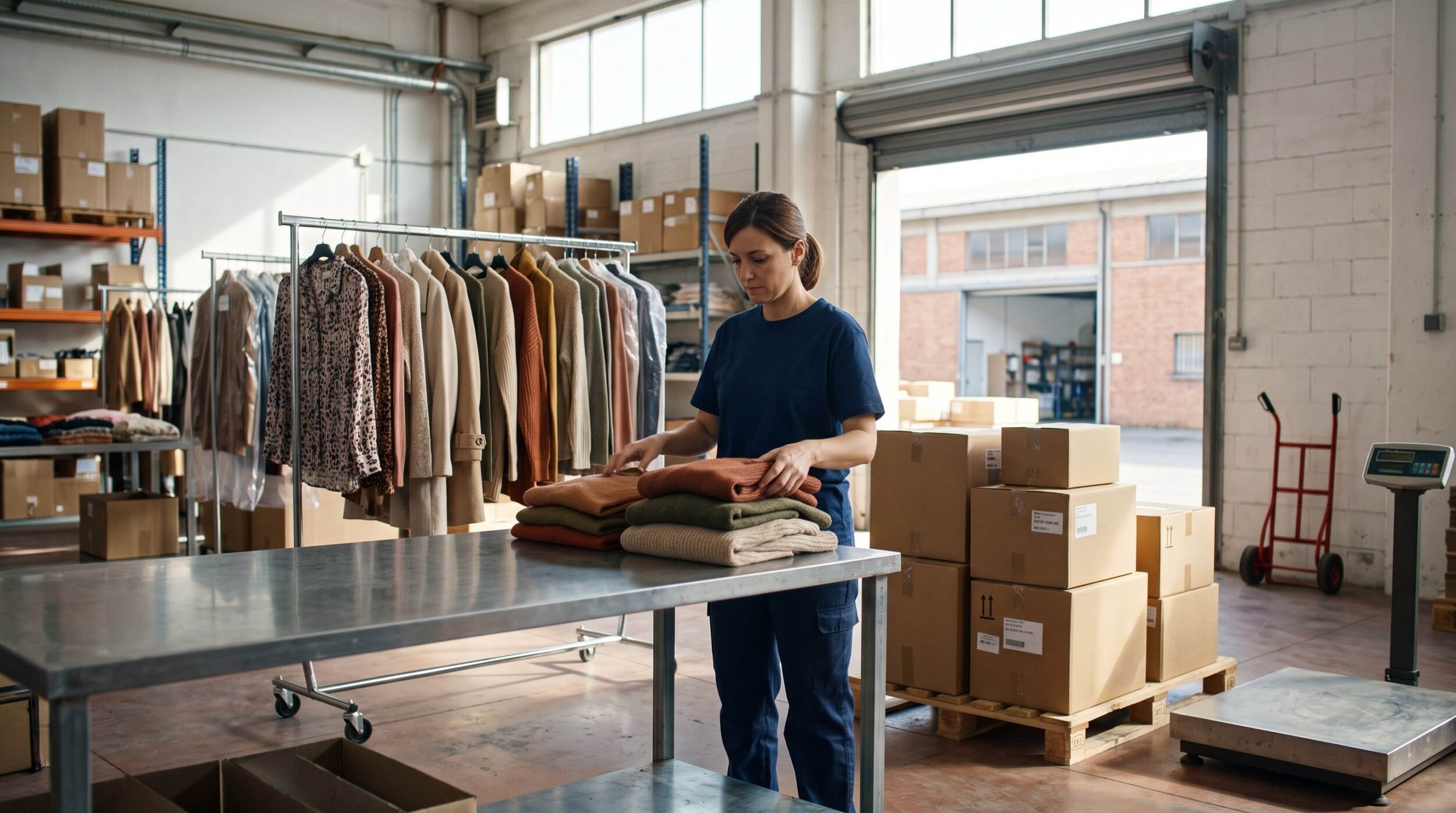 Warehouse operator counting garments and sealing cartons during the wholesale order process in Italy before a consolidated shipment leaves for a boutique