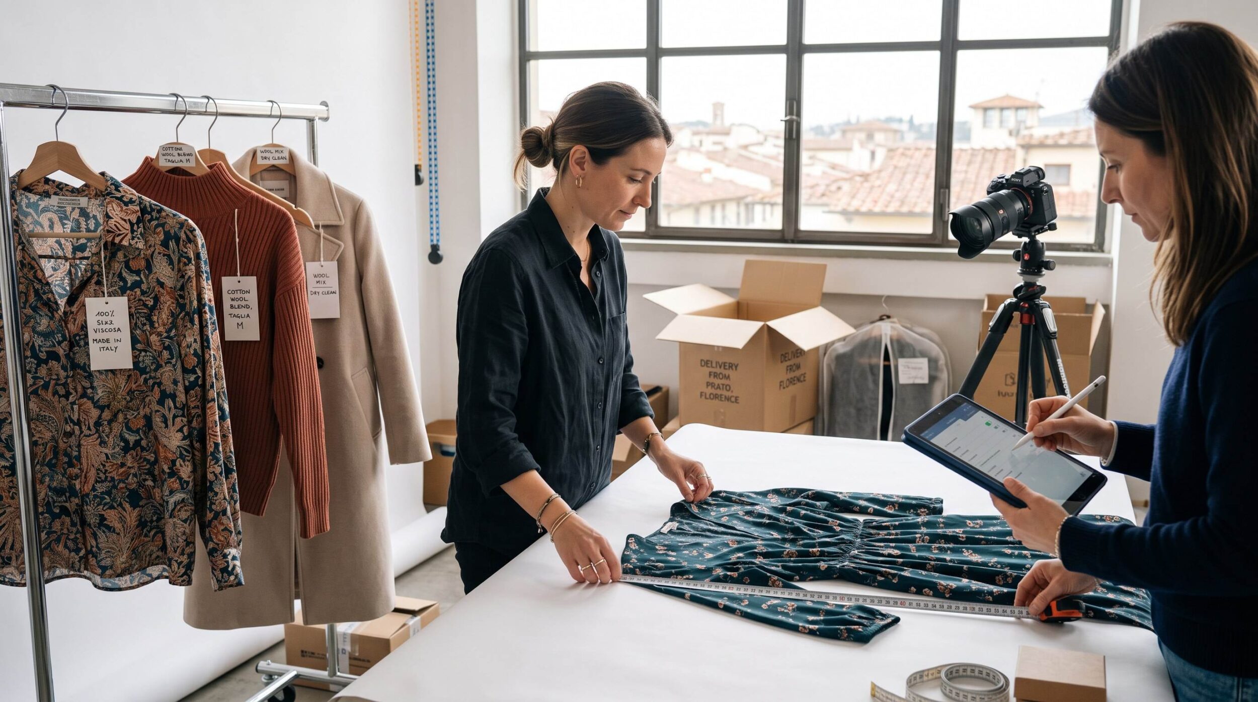 Studio intake of Italian wholesale garments where wholesale product data for ecommerce is measured