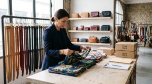 Buyer inspecting wholesale scarves belts Italy accessories with leather goods and belt rails in a Prato showroom under natural daylight