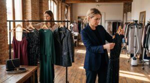 Buyer examining an evening dress on a rail of winter dresses wholesale Italy occasionwear during a Prato showroom buying session