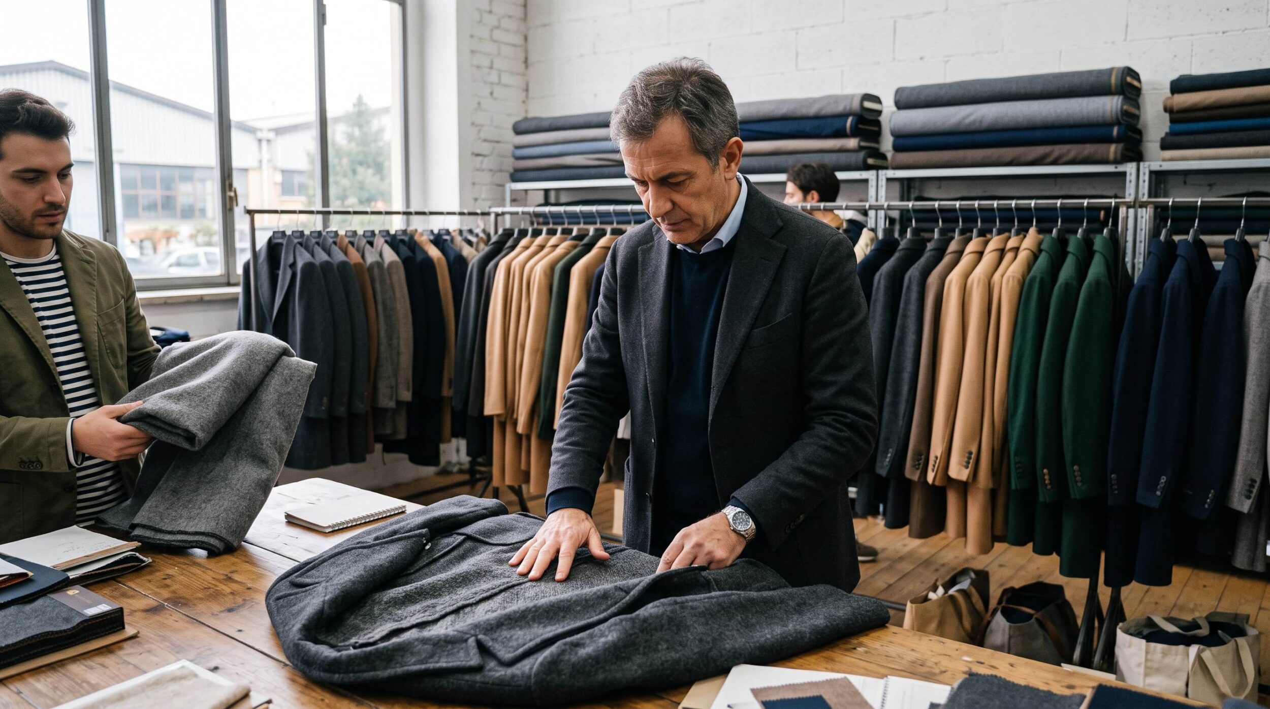 Buyer inspecting the surface and reverse side of a wool coat in an Italian wholesale showroom in Prato
