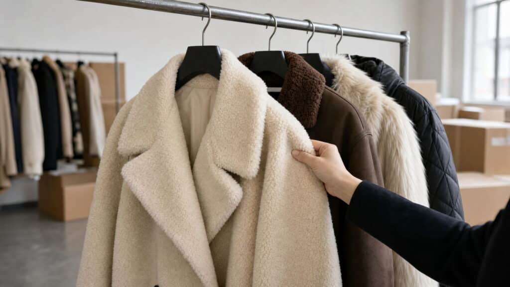 Rail of teddy, faux shearling and eco-fur coats in cream and brown tones during a faux fur coats wholesale selection in Prato