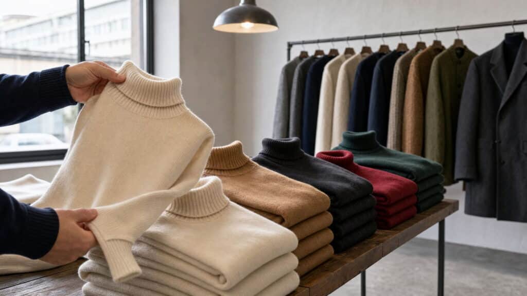 Folded fine gauge roll neck sweaters in several colours on a showroom table during an Italian knitwear wholesale selection