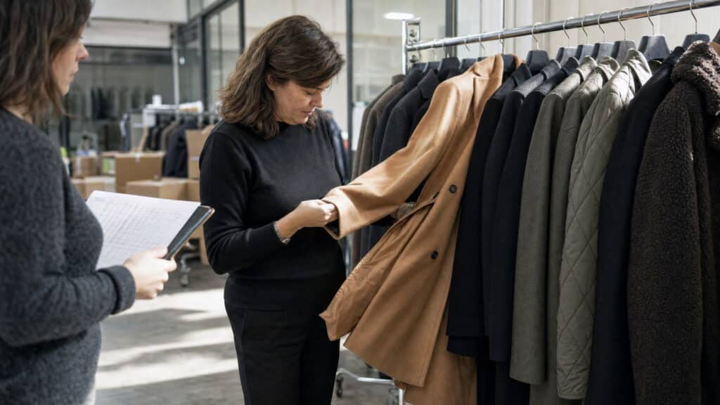 Buyer checking wool and padded coats on a rail during an Italian outerwear wholesale selection in a Prato showroom