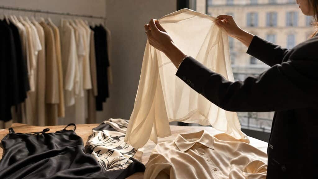 Buyer holding a silk blouse against natural window light to judge weight and weave during an Italian silk wholesale selection