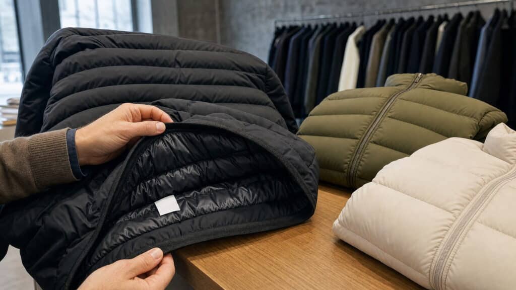 Buyer opening the lining of a quilted winter jacket to check the fill during a padded jacket wholesale selection in Italy