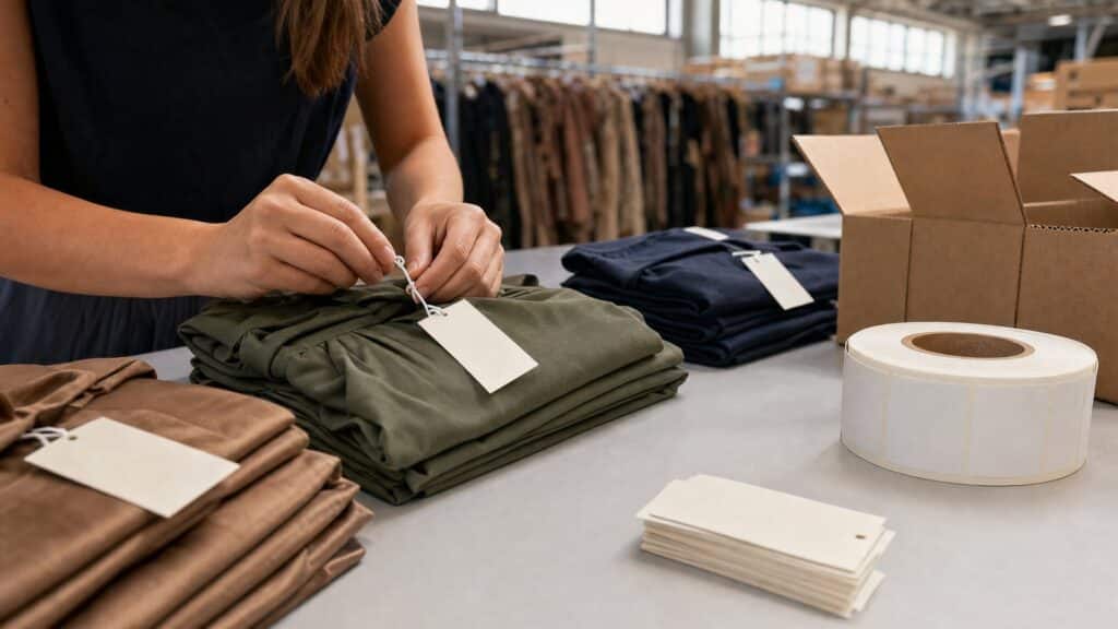 Worker attaching blank custom hang tags to folded women's garments in an Italian warehouse before packing a wholesale order