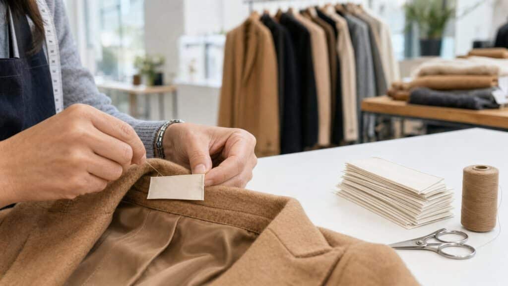 Seamstress sewing a blank custom neck label into the collar of a camel blazer in a Prato workshop, Italian wholesale clothing relabeling