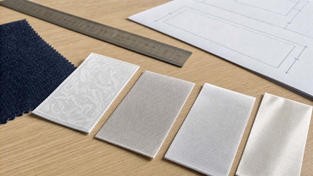 Blank custom woven labels for clothing in damask, taffeta and satin weaves beside a ruler and a label proof sheet on a studio table