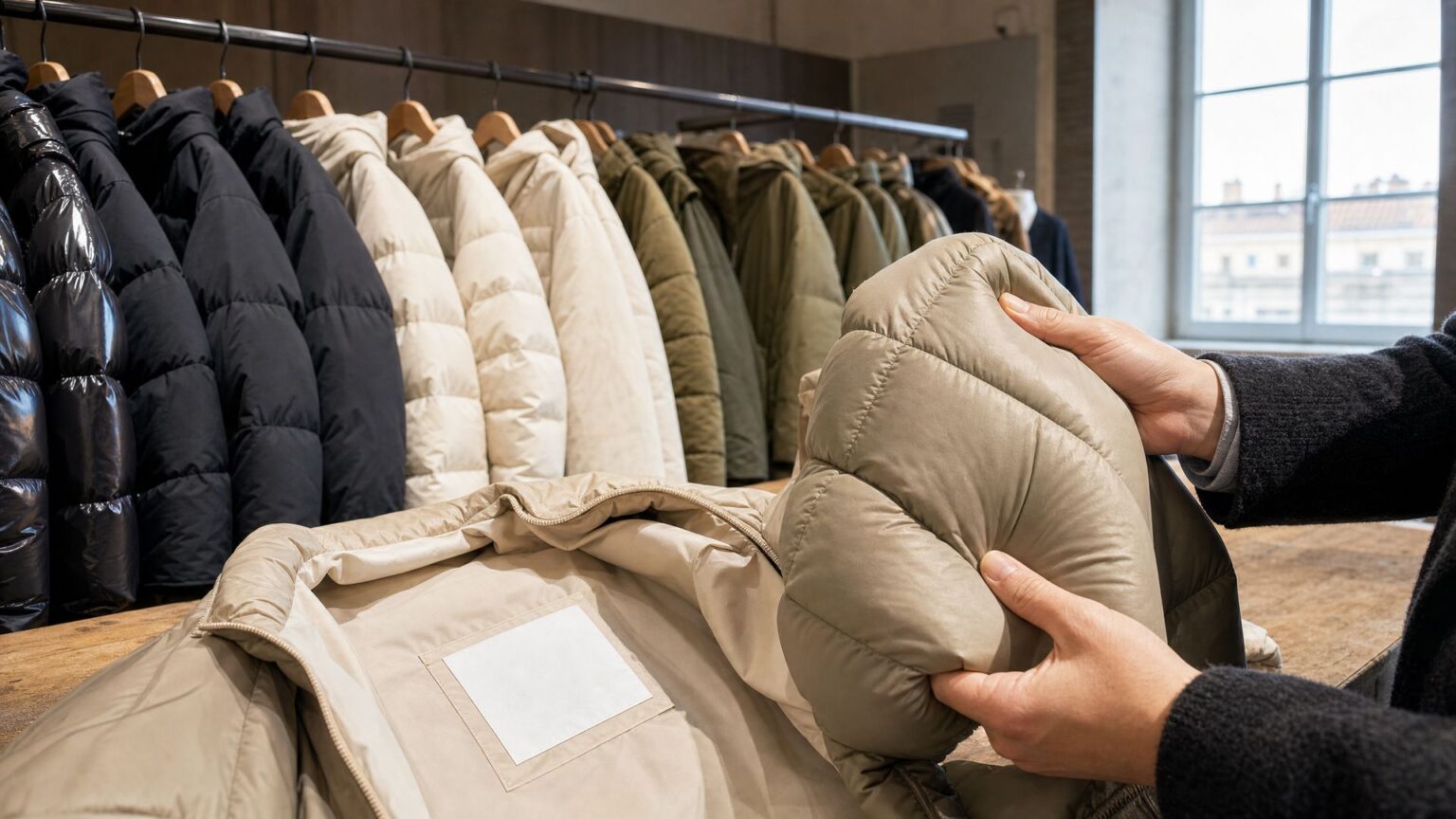 Buyer pressing the quilting of women's puffer jackets in a Prato showroom to compare a down vs synthetic jacket filling and label