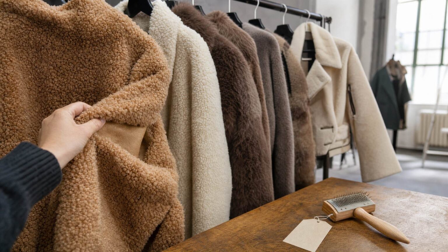 Buyer parting the curly pile of a camel teddy coat beside a rail of faux fur coats in a Prato wholesale showroom