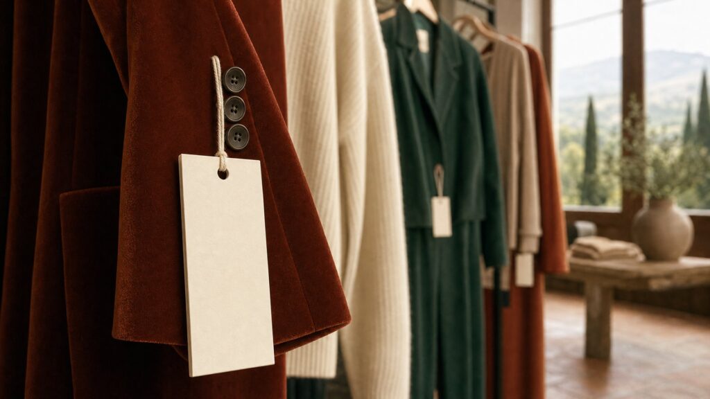 Blank matte hang tags for clothing attached with cotton string to a rust velvet blazer and autumn garments on a boutique rail