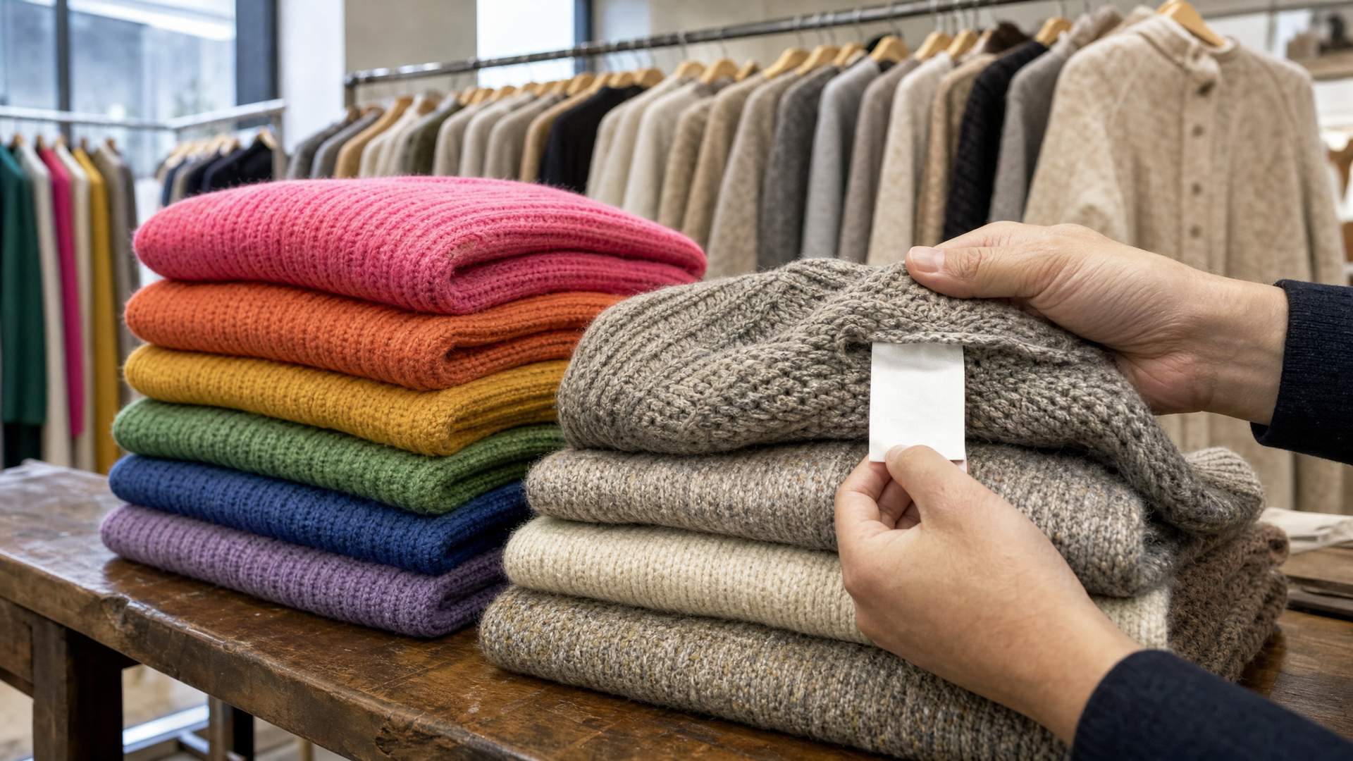 Stacks of acrylic and wool sweaters in a Prato showroom with a buyer checking the label to see whether acrylic is warm