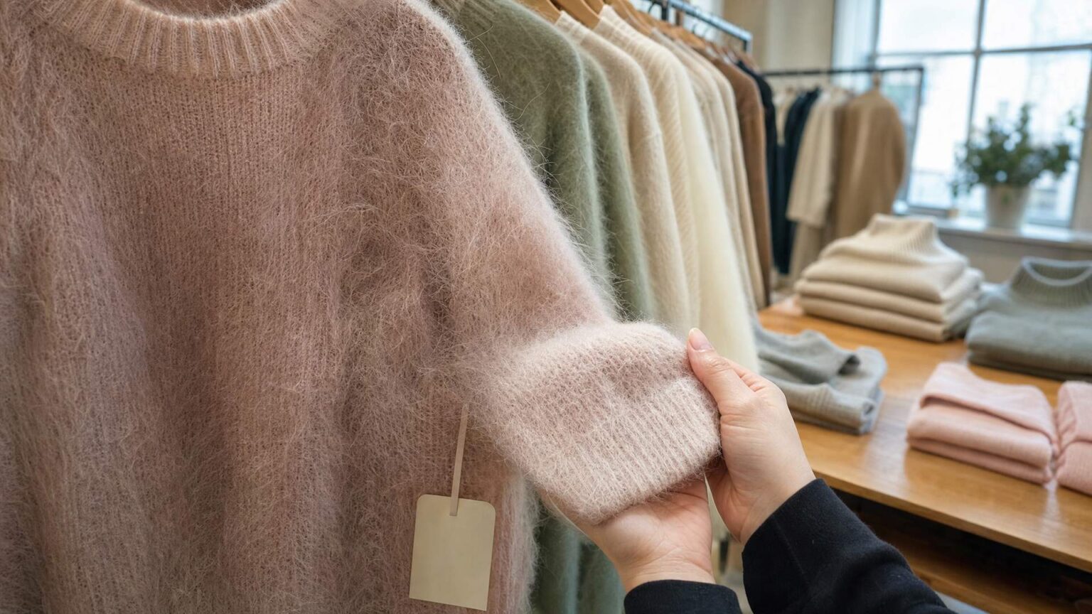 Buyer testing a brushed kid mohair sweater against her wrist in a Prato showroom to check whether the mohair is itchy