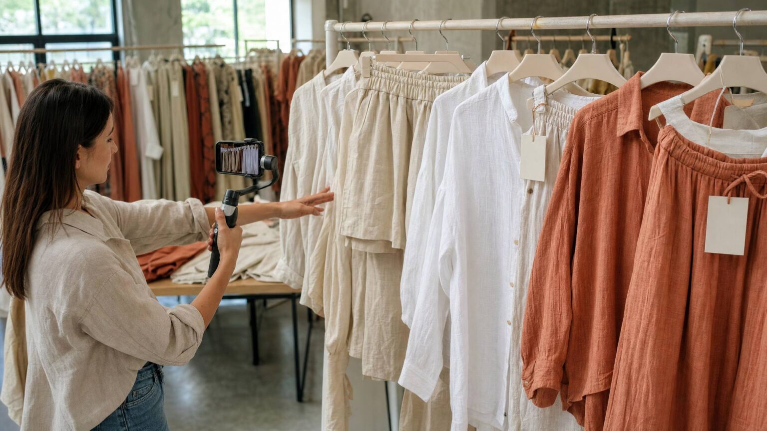 Buyer filming women's linen co-ord sets and shirts in a Prato showroom during a live session for Italian linen wholesale to Australia