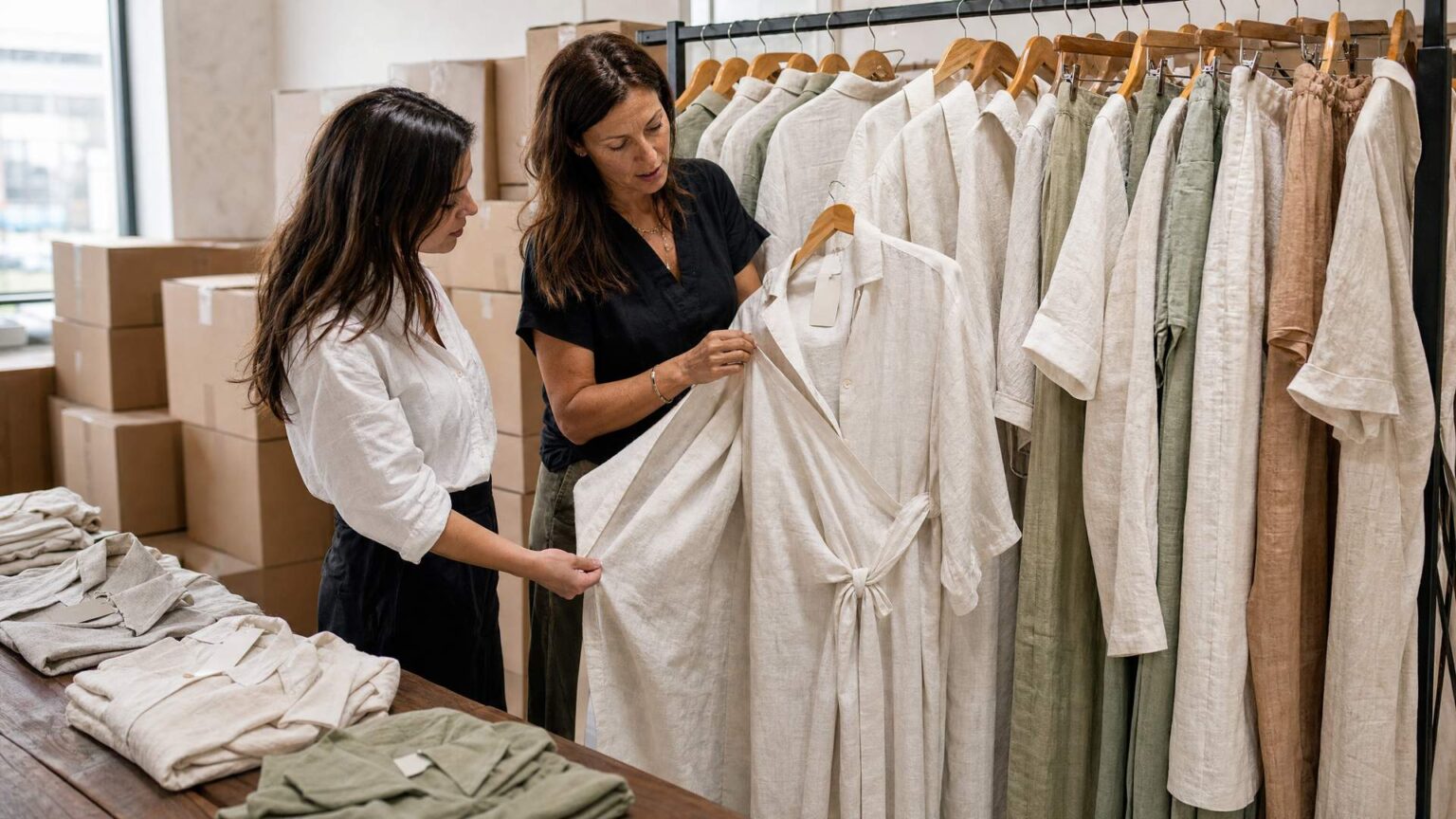 Boutique buyer and sourcing agent checking the seams of a linen shirt dress in a Prato showroom for Italian linen wholesale