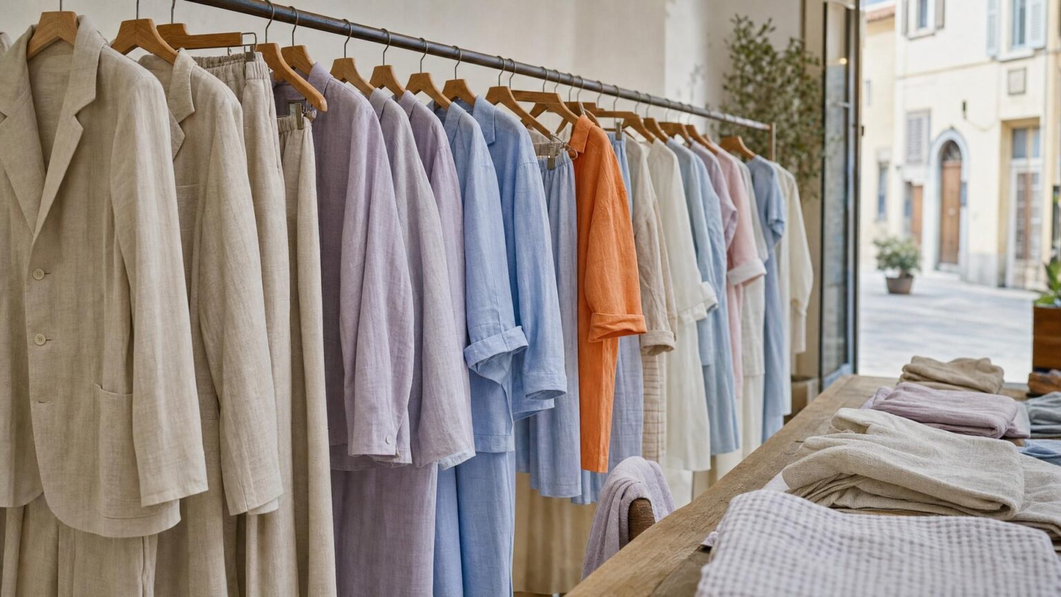 Rail of women's linen suits, wide-leg trousers, shirt dresses and pastel co-ord sets showing linen fashion trends 2026 and 2027
