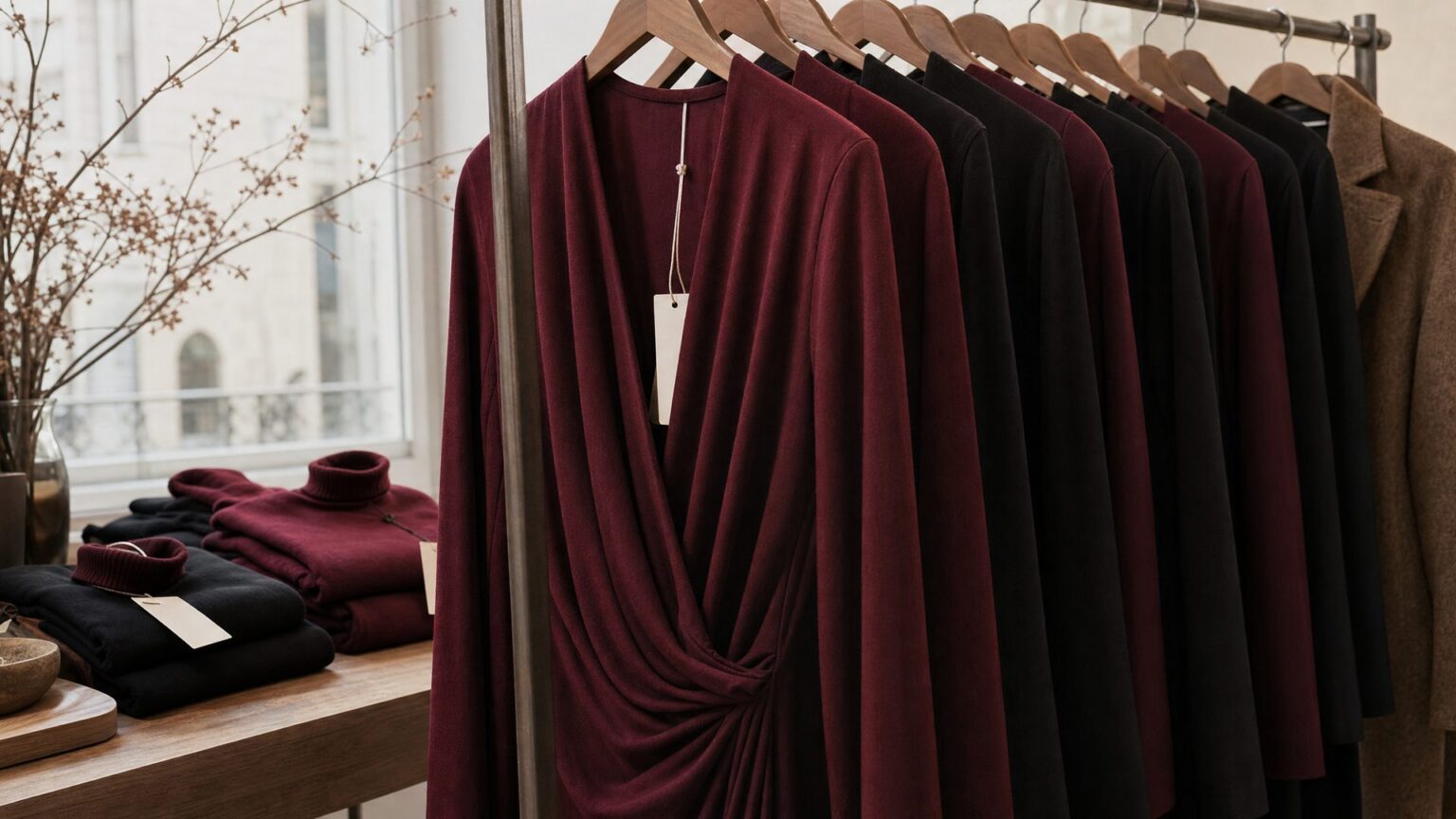 Rail of women's long-sleeved viscose jersey dresses and folded viscose knits in a Prato showroom, showing viscose for winter layering