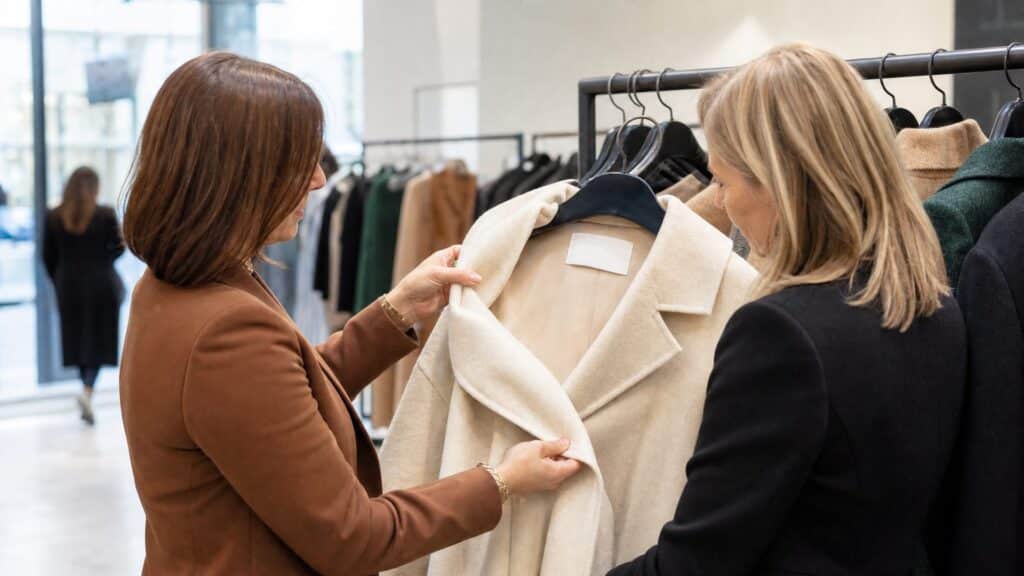 Two boutique buyers checking the inside label of a cream wool coat in a Prato showroom while choosing white label clothing