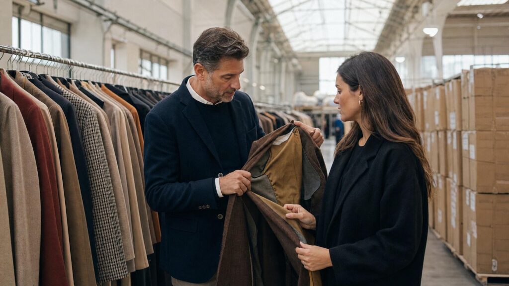 Buyer talking with an Italian supplier among rails of women's jackets in a Prato warehouse, white label clothing manufacturers