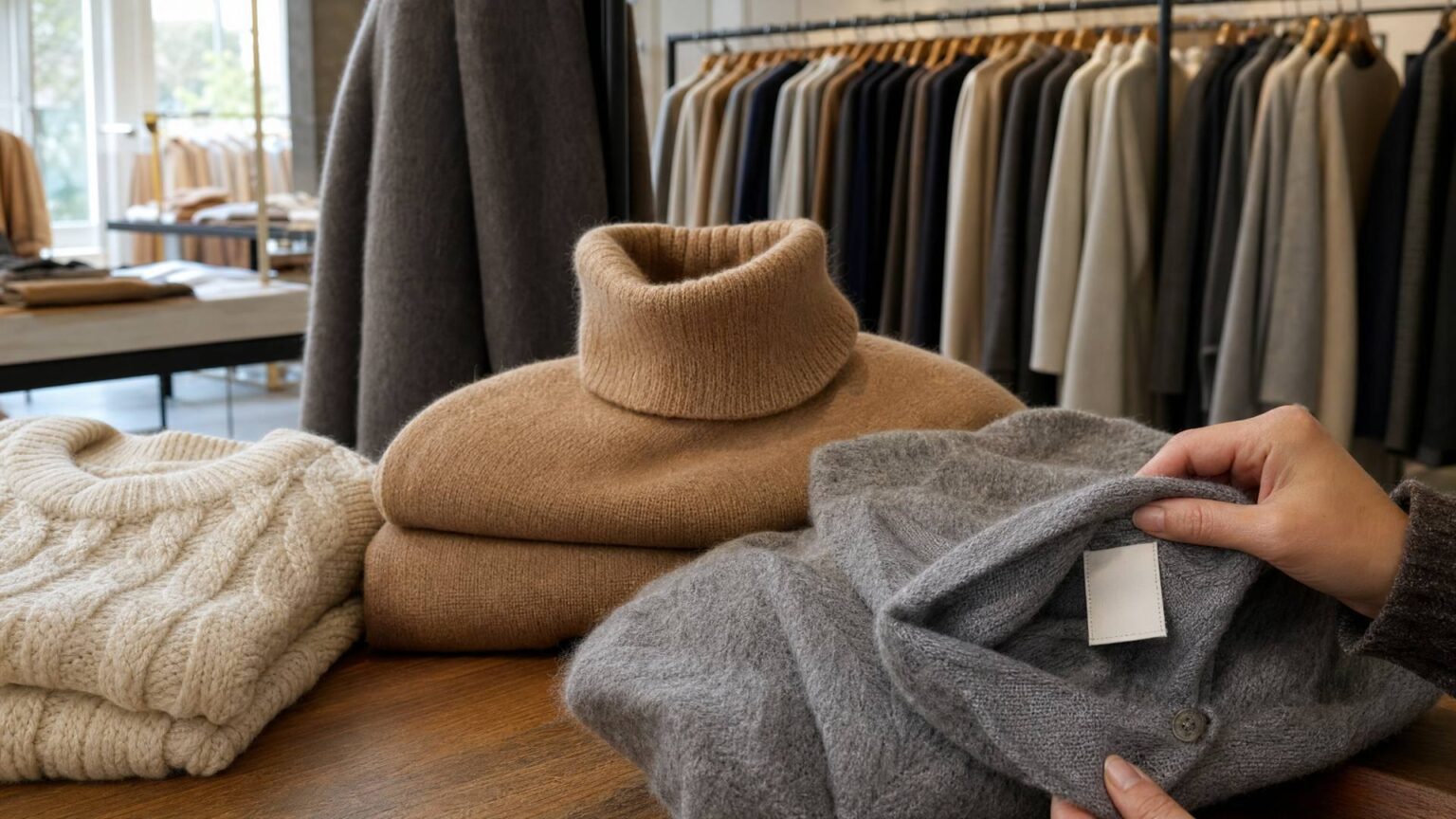 Folded wool, cashmere blend and alpaca sweaters on a table in a Prato showroom, illustrating the wool vs cashmere comparison